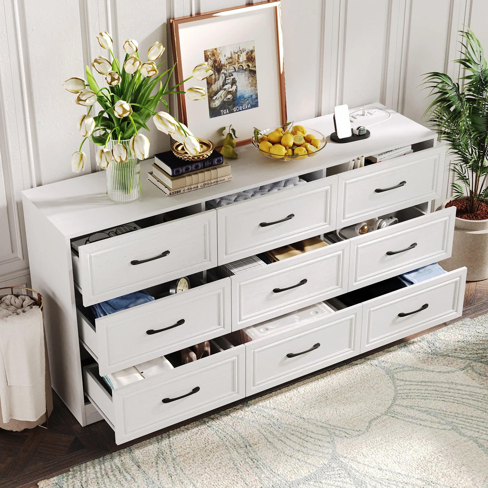 Vabches wood dresser for bedroom 9 drawer with power outlet&metal handles chest of drawers storage organizer hallway