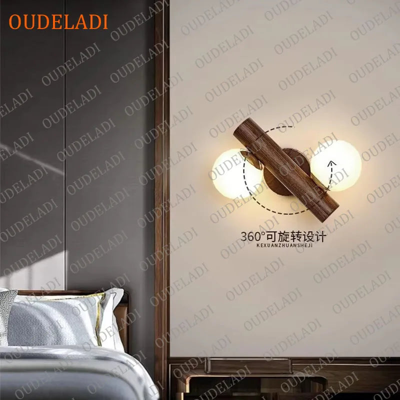 Oudeladi wooden wall lamps for living room bedside glass ball decor lamp stairs aisle rest area farmhouse background