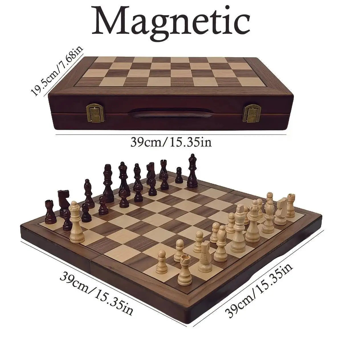 Wooden chess set 39cm/15.35inch magnetic with 2 additional queens folding portable travel board suitable for tournament