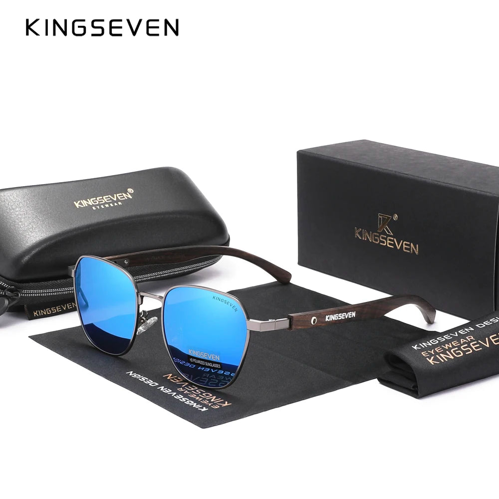 Kingseven quality upgrade ebony wood sunglasses men polarized uv400 protection retro eyewear women oculos - blue