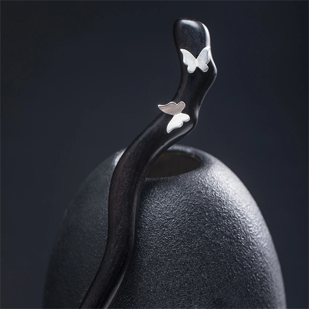 New 100% s925 pure silver women’s men retro hairpin ebony wood literary butterfly chinese style hanfu hair accessories