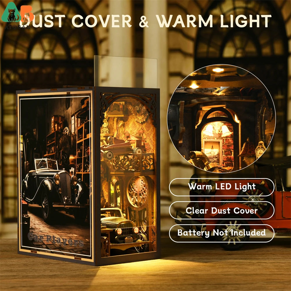 Atuban book nook kit classic car f1 diy wooden puzzle bookshelf insert decor dollhouse model bookend building