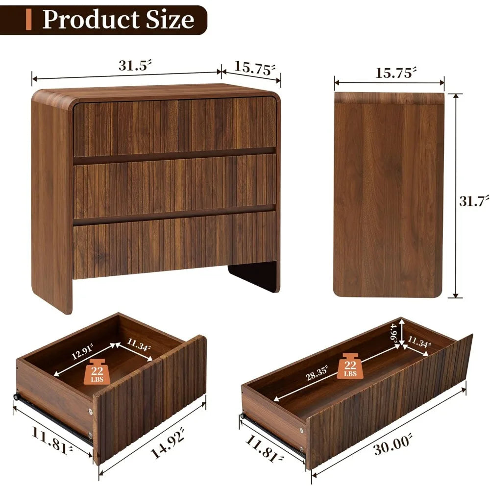 Flute 3 drawer dresser,31.5’’ wide dresser nightstand for bedroom,mid century modern wood chest of with curved