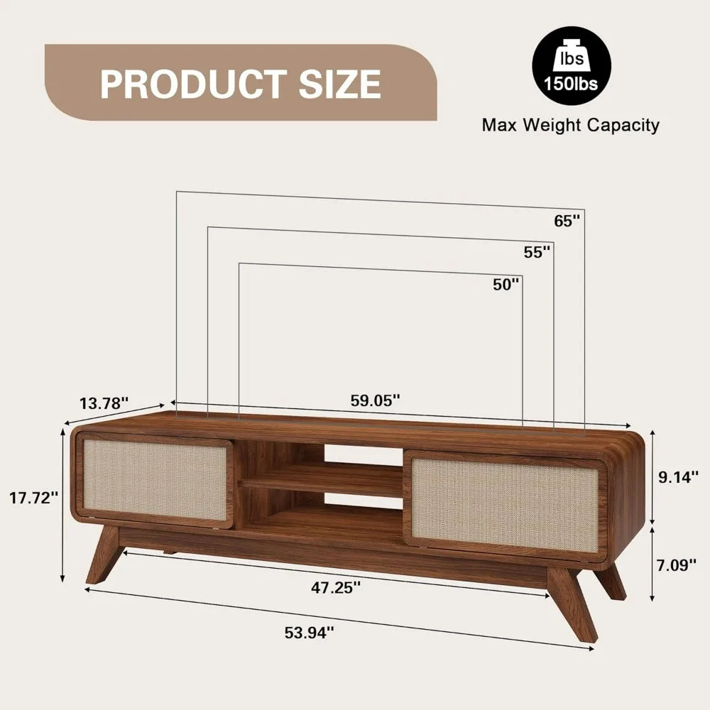 Mid century modern tv stand for tvs up to 65’’ farmhouse entertainment center with storage cabinet table nature linen