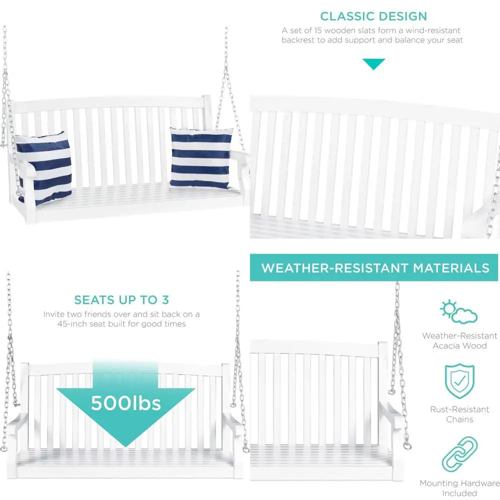 Outdoor patio wood swing bench chair deck garden yard hanging furniture with mounting chains - united states / white