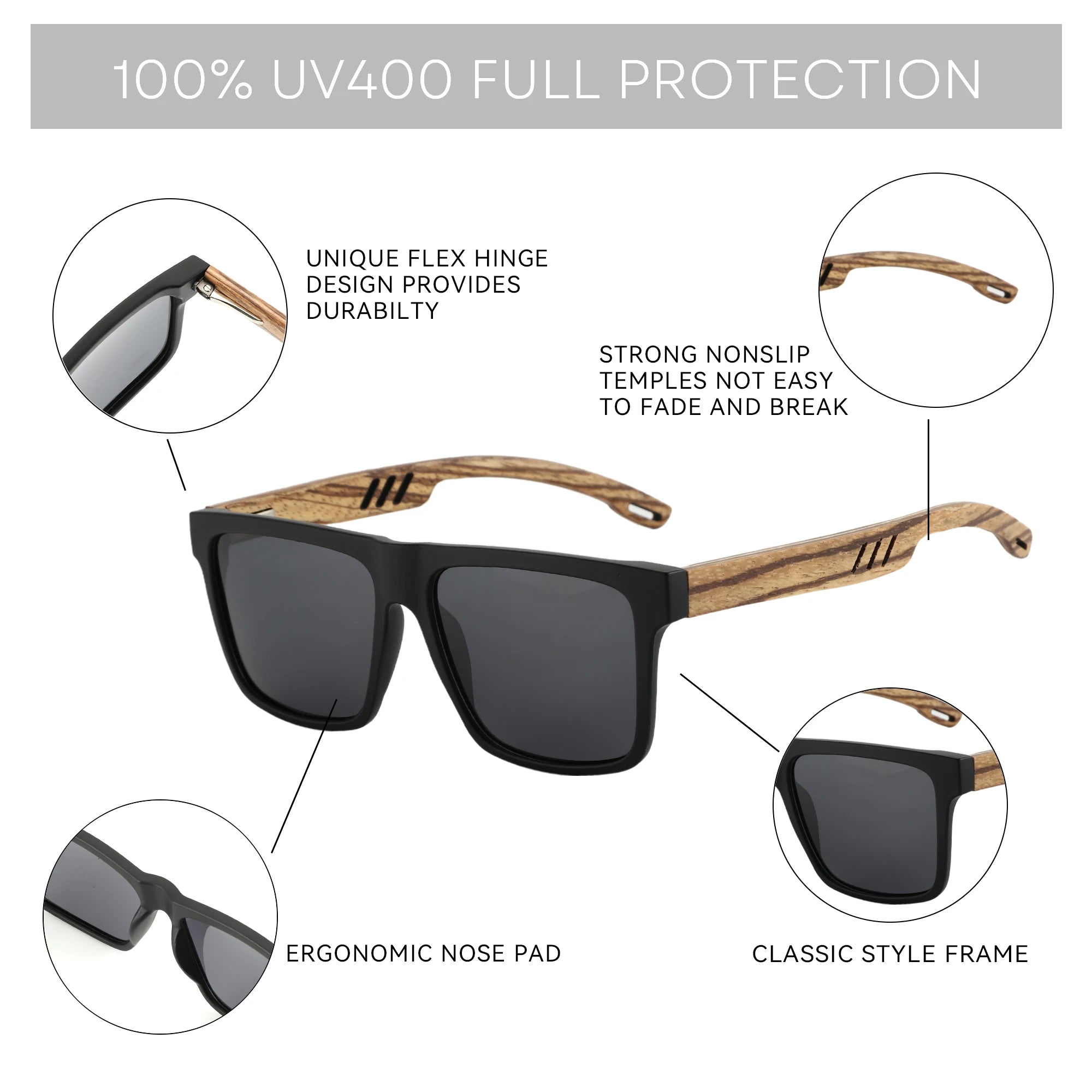 Zenottic walnut wood sunglasses with dark polarized lenses for men and women | uva/uvb ray protection