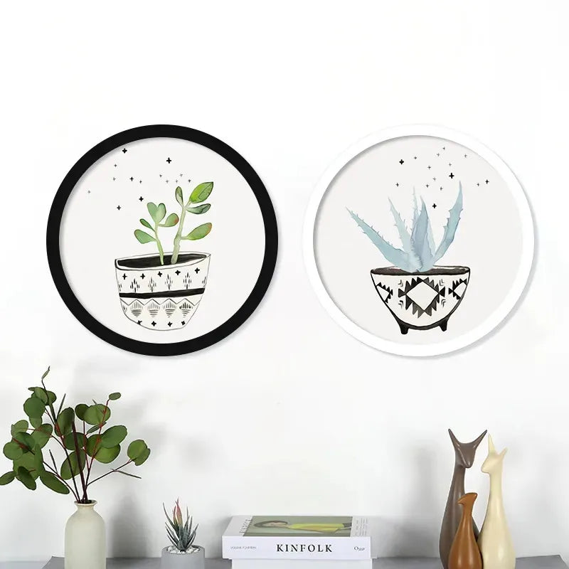 Classic wood round photo frame simple nordic style picture frames hanging solid color background wall decoration