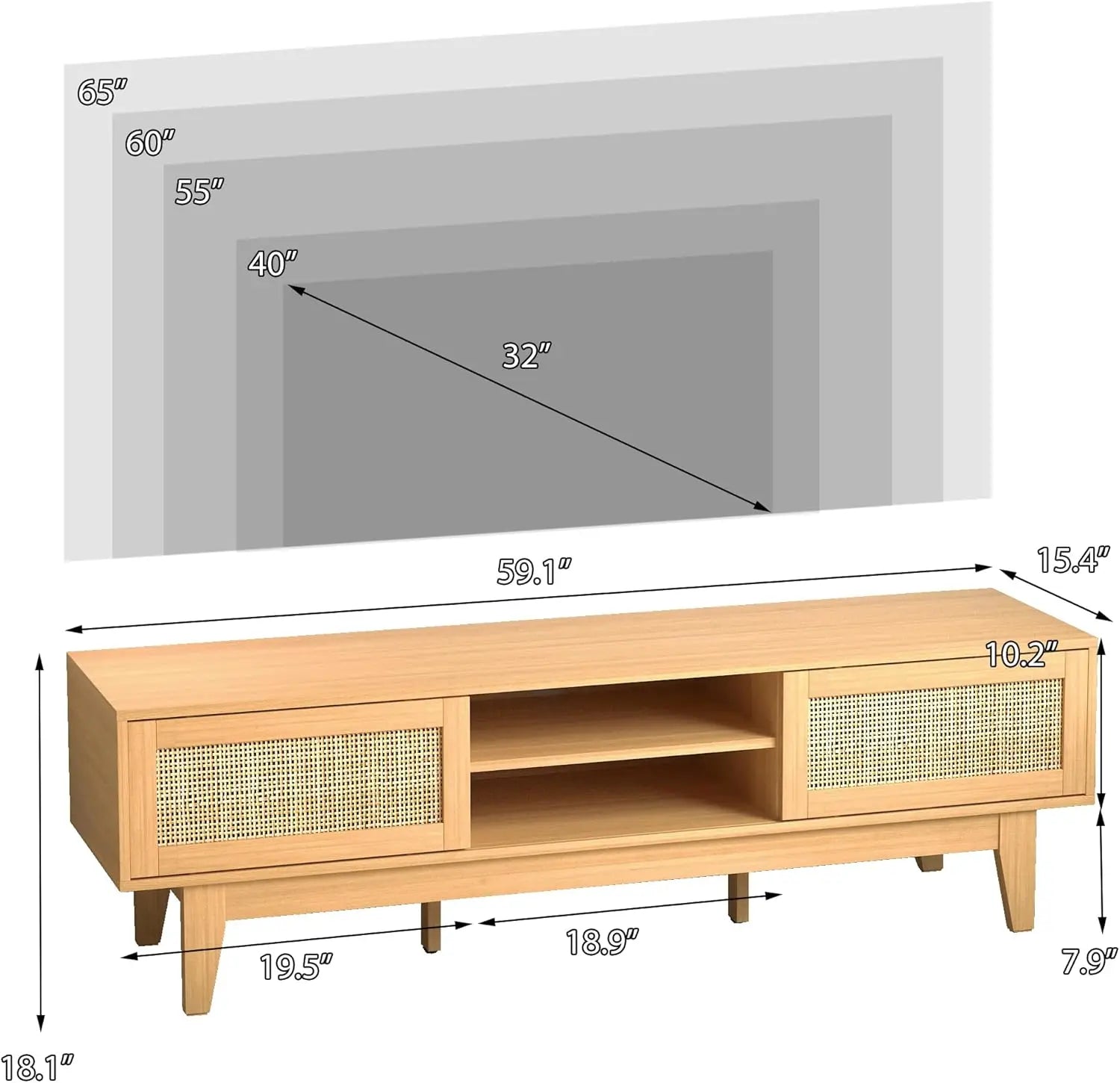Boho tv stand for 55 65 inch rattan entertainment center with shelves cabinets and sliding doors media console table