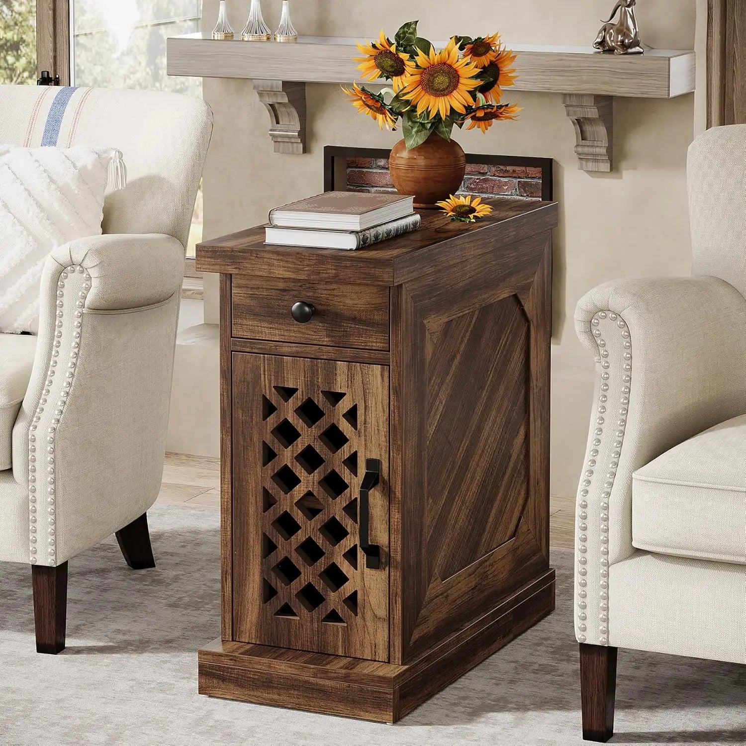 End table narrow side with drawer and cabinet farmhouse nightstand for small space living room bedroom - united states