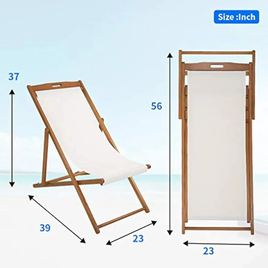 Beach sling patio chair for relaxing foldable with adjustable height made from eucalyptus wood white polyester,khaki