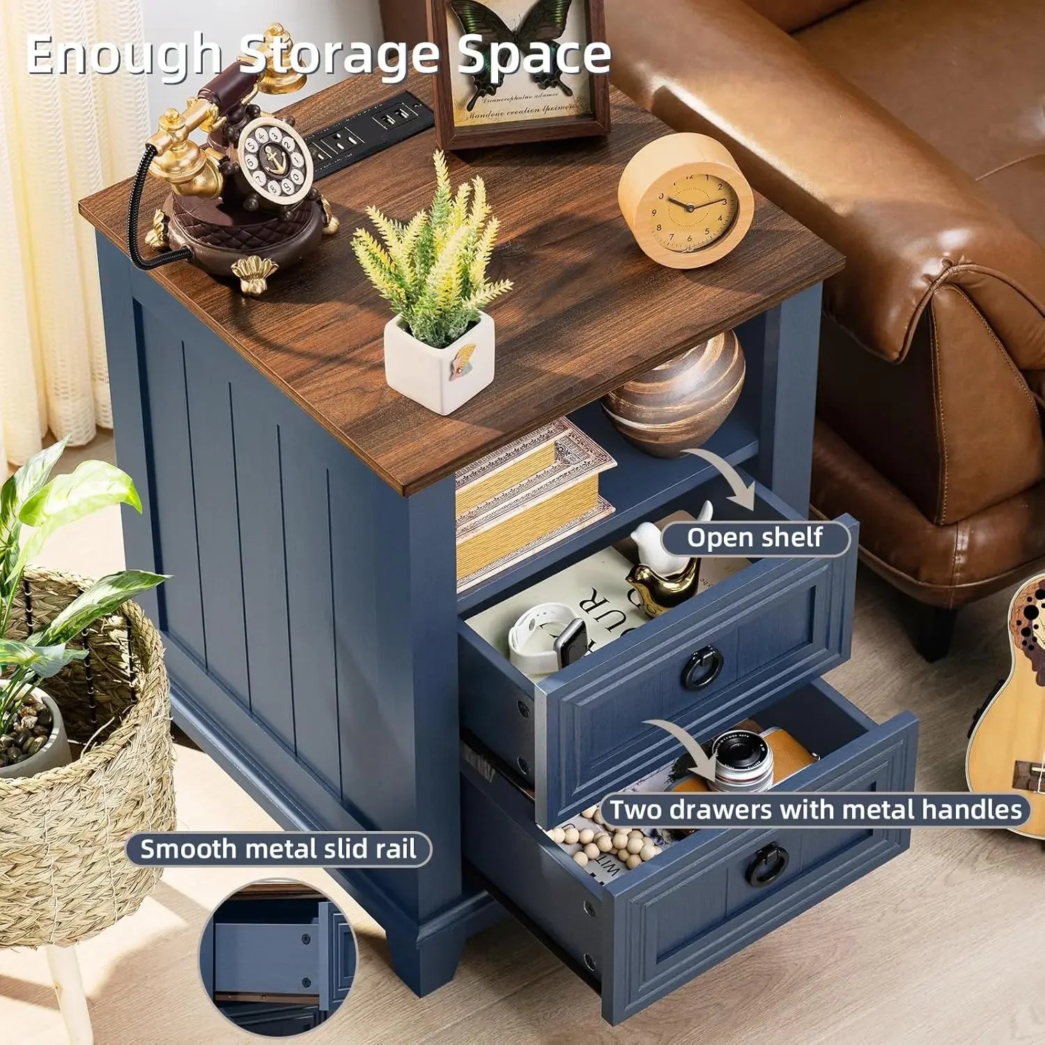 18’’ farmhouse night stand with charging station 2 drawers end table dresser for bedroom blue wooden nightstand bed side