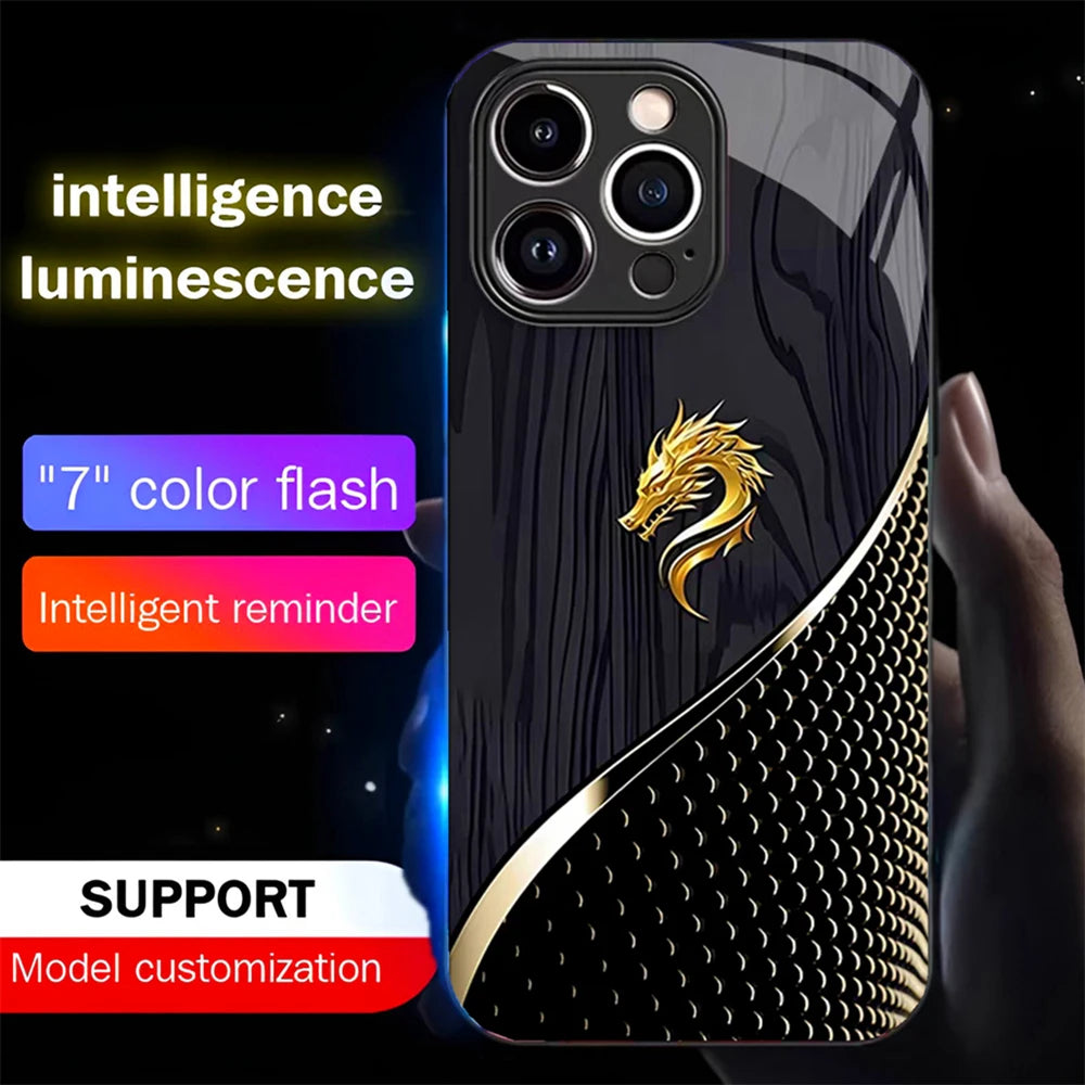 Luxury wood grain dragon luminous glass led call light up flash phone case for iphone air 17 16 e 15 14 13 12 11 pro
