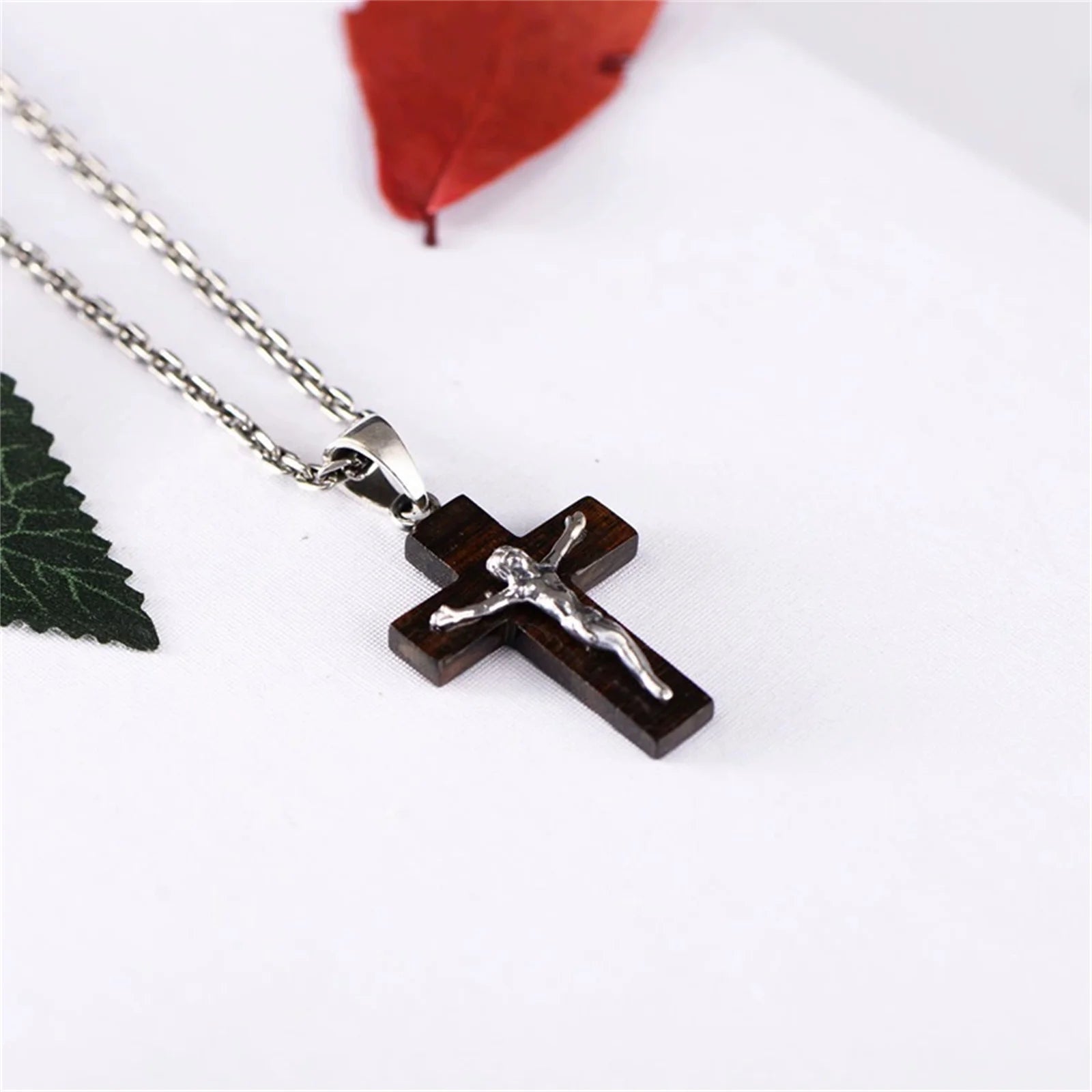 Wooden cross sterling silver 925 crucifix little pendant necklace for men women catholic religious jewelry