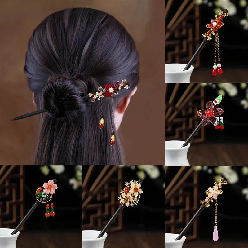 1pc wooden hair stick chinese style winding flower hairpin with tassel elegant lady clip accessories vintage 2024