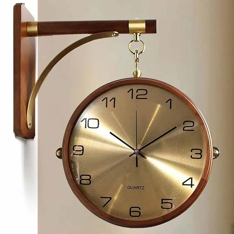 Luxury wood double sided wall clocks movement silence 360° rotatable clock aesthetic living room decoration accessories