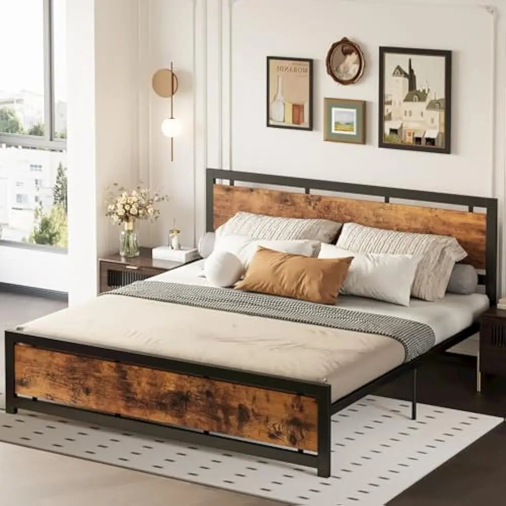King size bed frame with headboard and footboard metal strong supports easy assembly noise-free no box spring needed