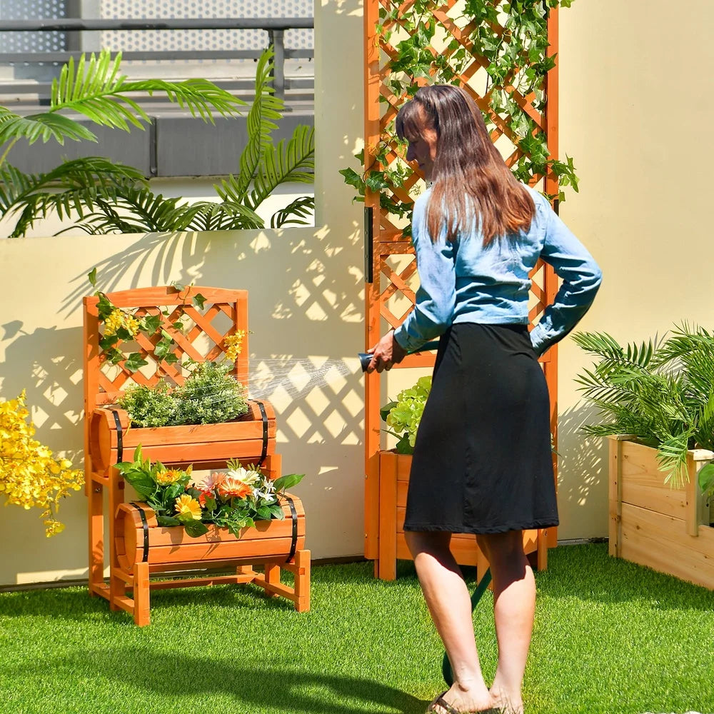 2-tier wooden raised garden bed with 2 cylindrical planter boxes and trellis climbing plants outdoor indoor