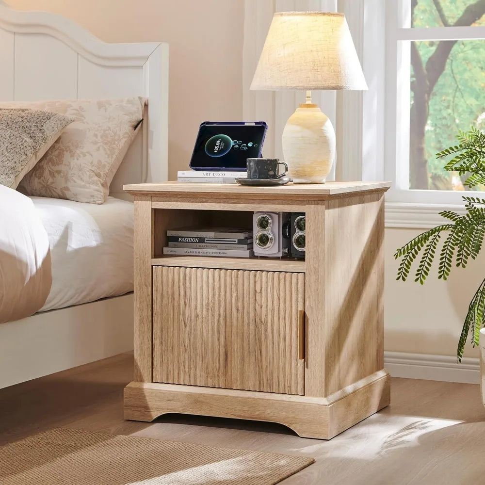 Fluted nightstand with charging station 22’’ large modern side table wood end w/open shelf & spacious tabletop bedside t