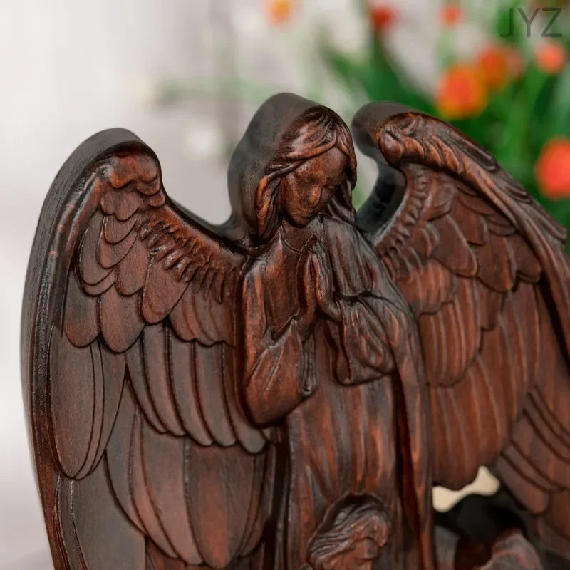 Religious wooden holy family with guardian angel statue,catholic home decor ornament - (christian)