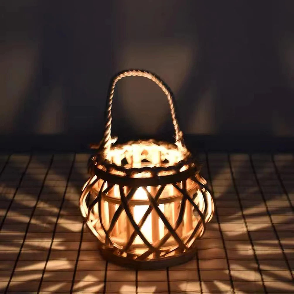 Wicker lantern electronic candle holder hanging windproof crafts festival home decor round wedding vintage wooden