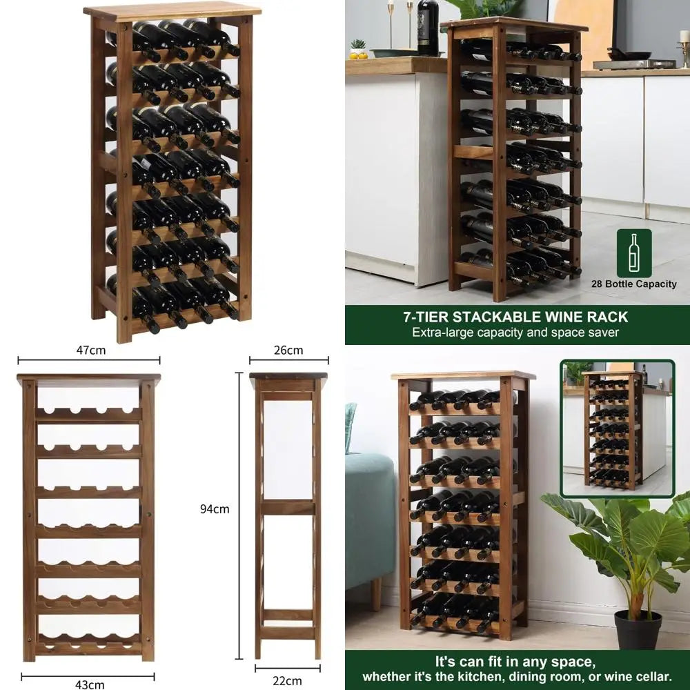 Stylish wooden 7-tier floor wine rack for 28 bottles freestanding storage display kitchen and pantry - united states