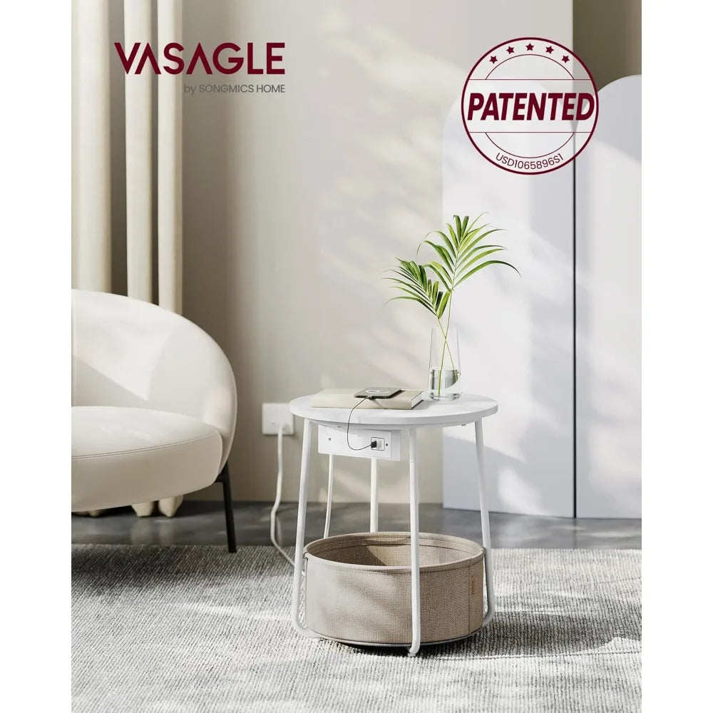 Vasagle side table with charging station round end fabric basket nightstand power outlets usb ports for livi - matte