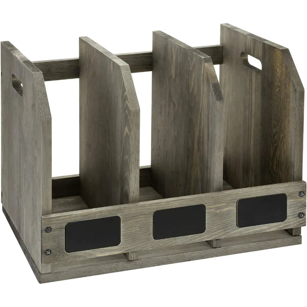Vintage gray wooden 3-compartment magazine holder with chalkboard label desk document organizer for home and office