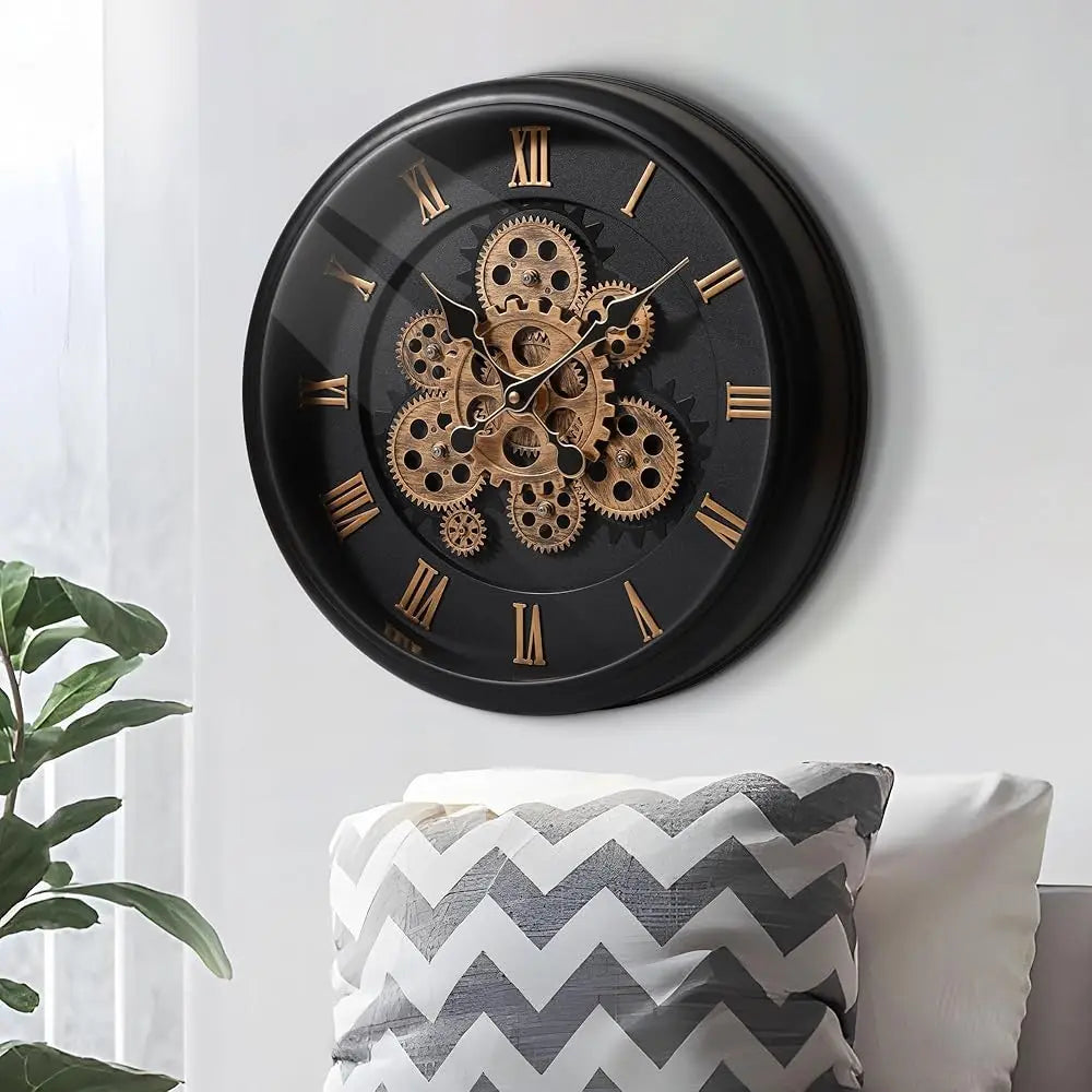 Large moving gear wall clock,16’’ vintage mechanical battery operated industrial clocks for farmhouse living room,home