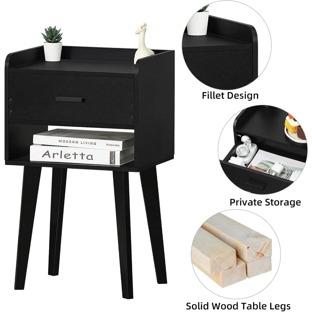 Lerliuo black nightstand set of 2 modern bed side table with drawer wood end for small space night stand bedroom/li