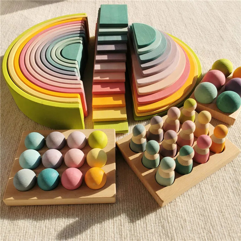 High quality wooden toys pastel basswood rainbow stacking blocks pine building semi sorting peg dolls balls for kids