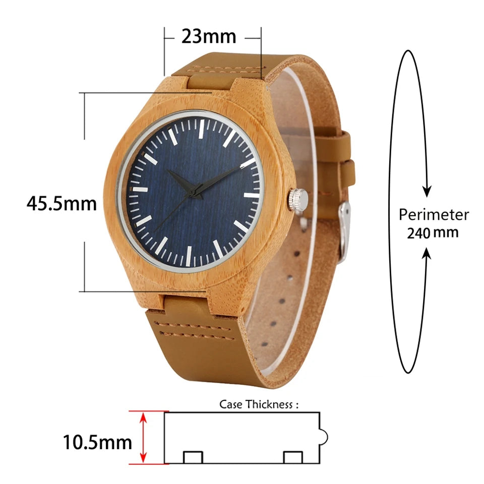 Men’s watches fashion blue dial simple leather band quartz wristwatch bamboo wooden watch male present a gift for men