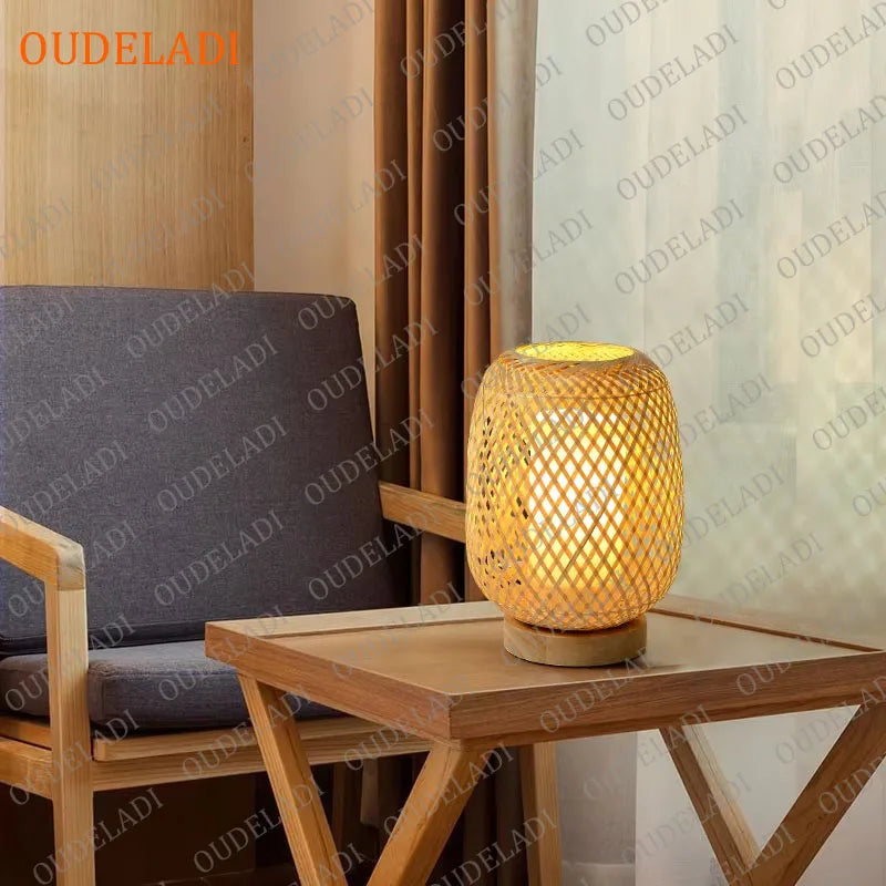 Oudeladi vintage bamboohandicraft table lamps handmade bedroom bedside desk lights living room decor warm bamboo wood