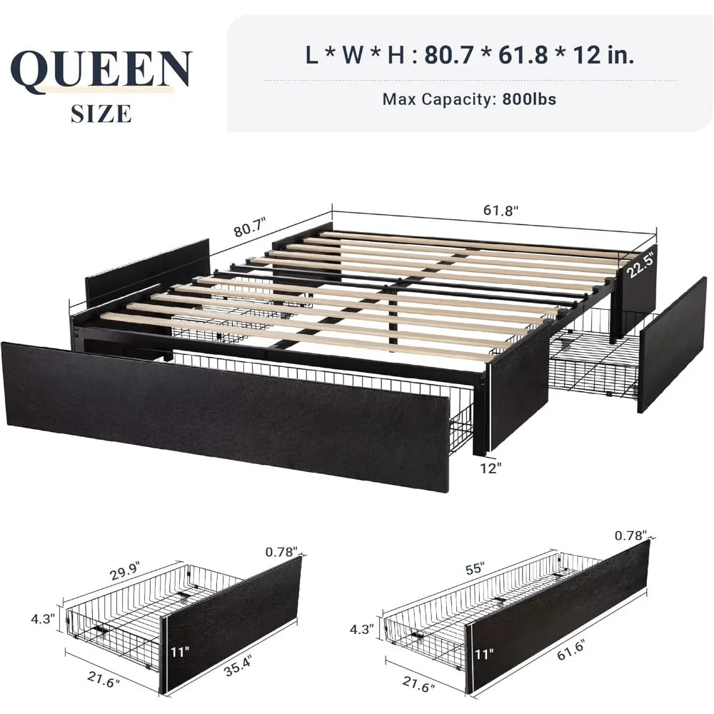 Allewie queen size platform bed frame with 3 storage drawers faux leather upholstered wooden slats support no box
