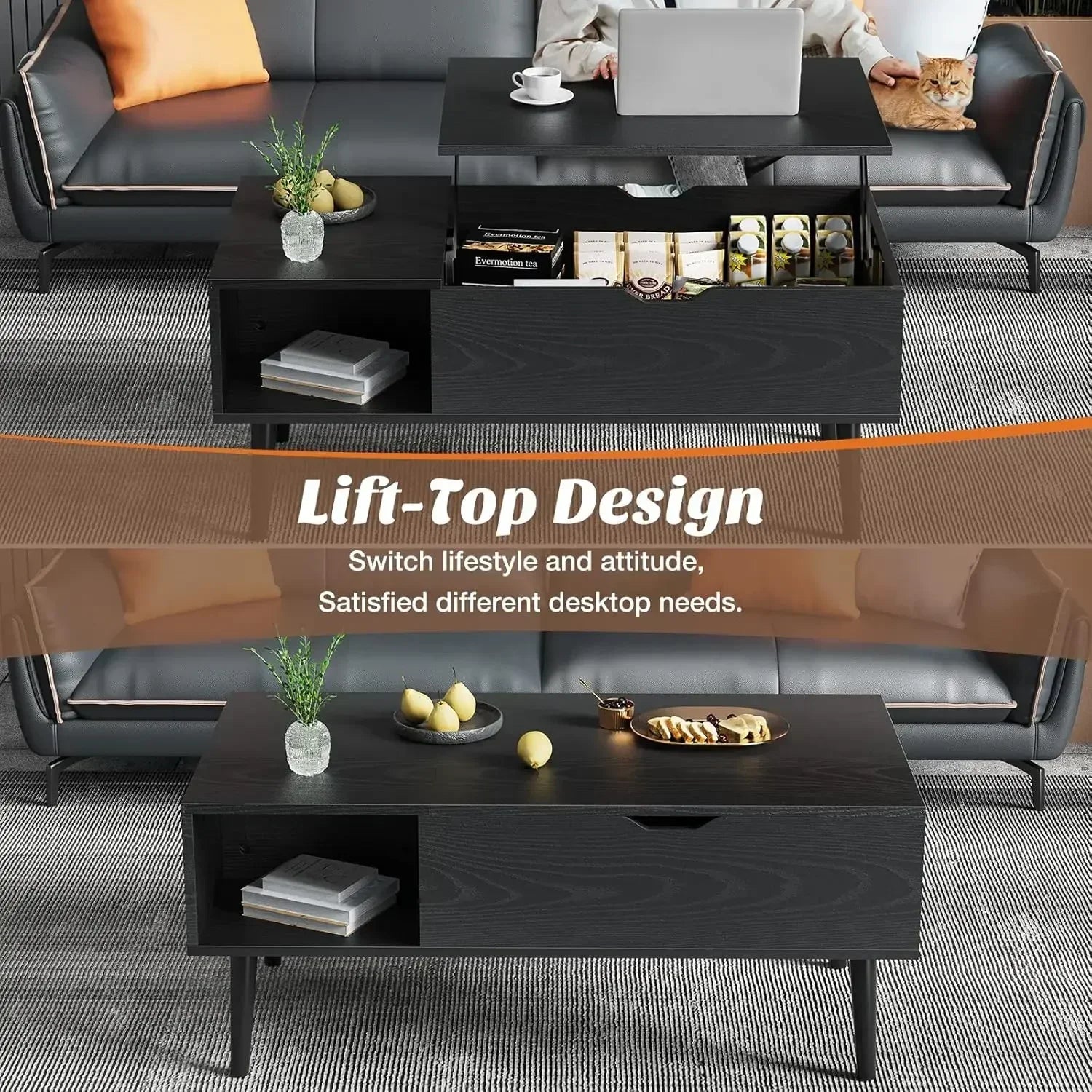 Coffee table black lift top tables for living room small rising wooden dining center with storage shelf - united states