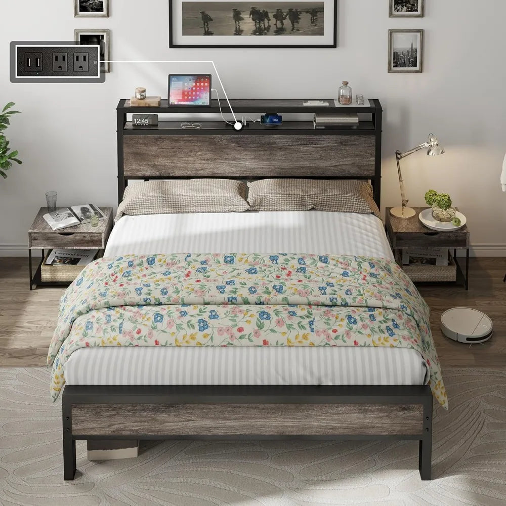 Queen size bed frame industrial platform with charging station 2-tier storage headboard/no box spring