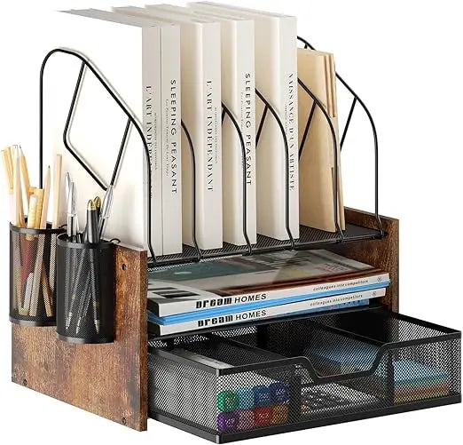 Wood desk organizer - 2-tier desktop file with drawer vertical holder wooden paper tray office organz - united states