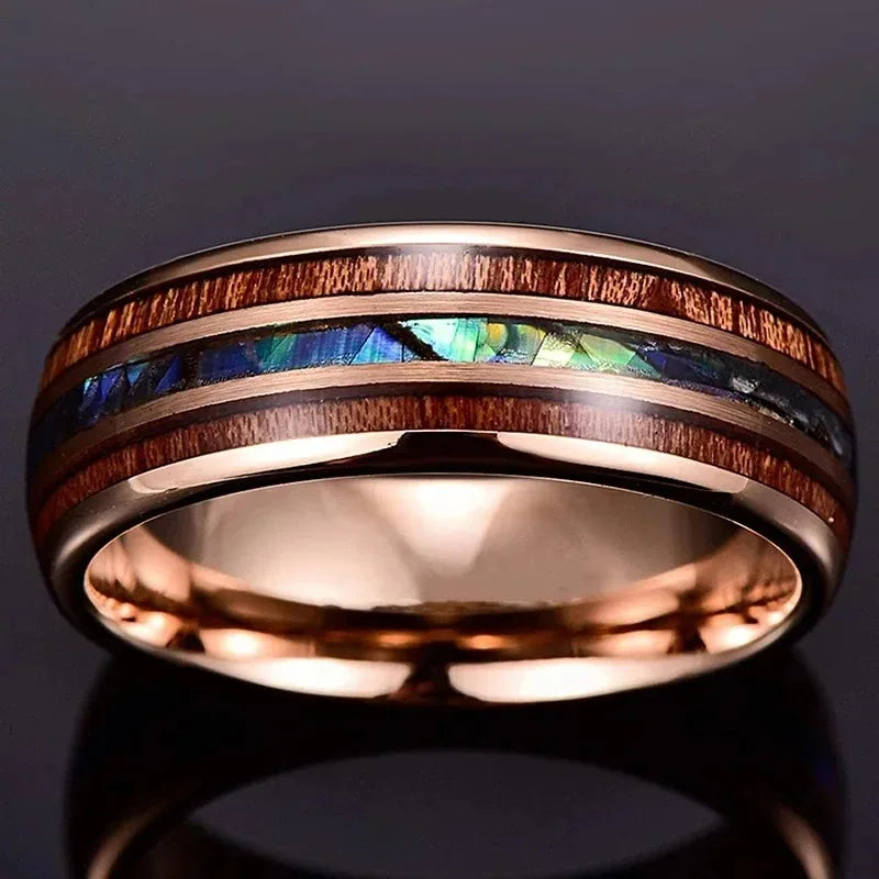 Fashion 8mm men rose gold color stainless steel rings inlay hawaiian koa wood and abalone shell for wedding jewelry