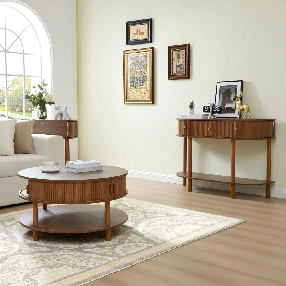 31.5” round coffee table with storage mid century modern 2 tier tambour sliding door solid wood legs fluted