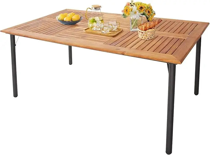 Patio acacia wood dining table for 6 persons large rectangular with metal legs umbrella hole farmhouse - naturalblack