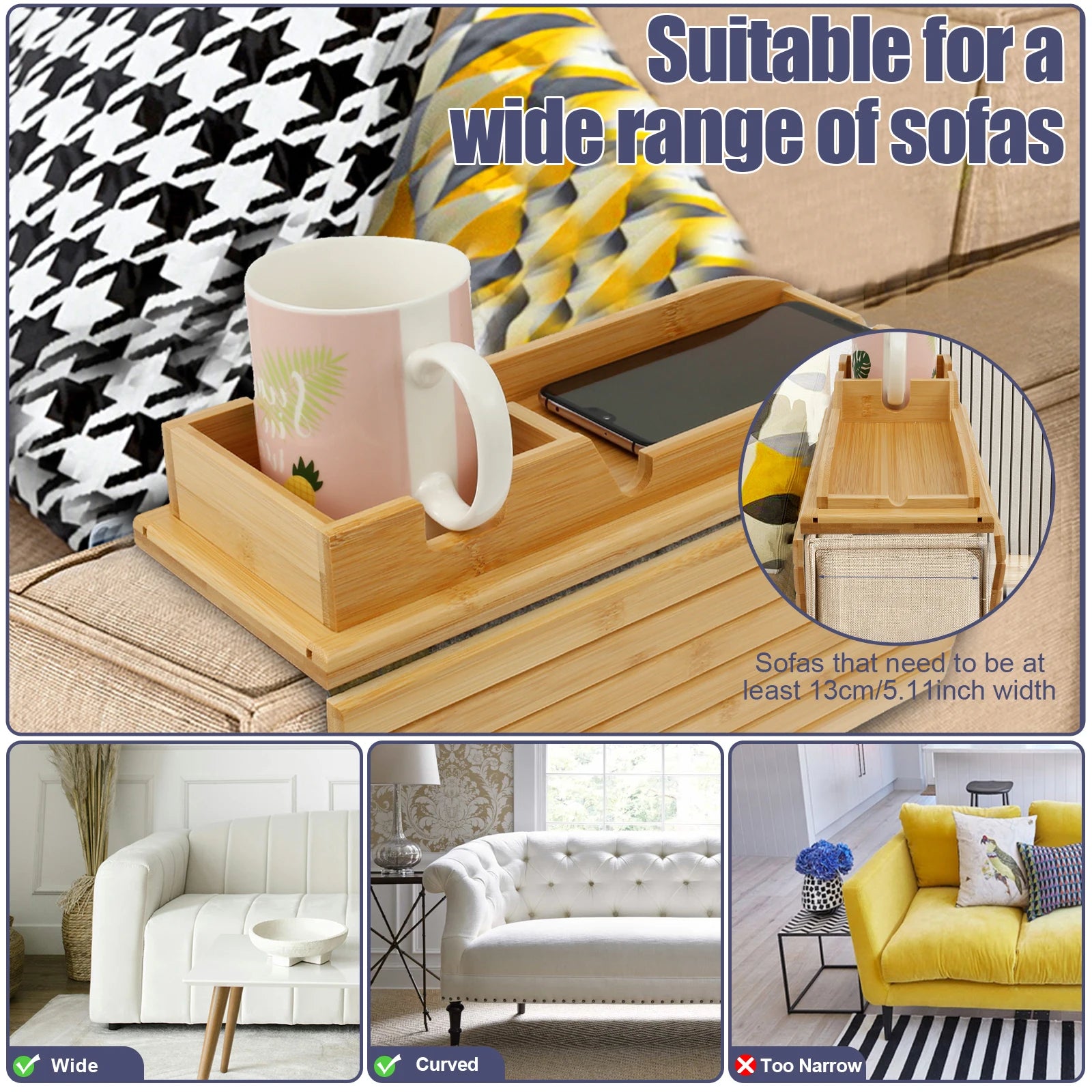Couch cup holder bamboo wood sofa armrest tray foldable anti-slip arm side storage