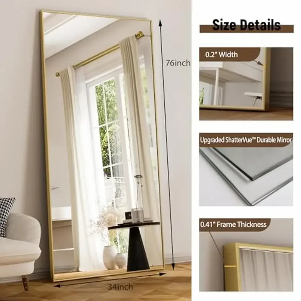 76’’x34’’ aluminum alloy thin frame full length mirror hanging/leaning rectangle floor bedroom dressing gold hd glass
