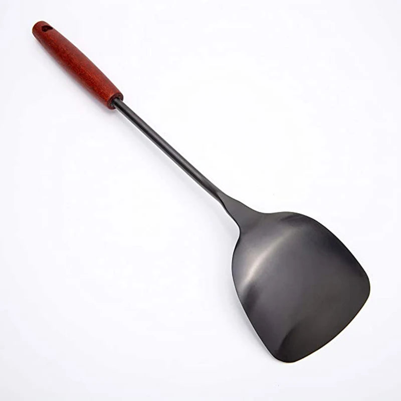 Stainless steel solid turner soup spoon wok spatula ladle with wooden handle - cooking utensils