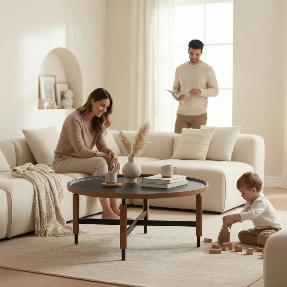 Modern round coffee table circle wooden top with black cross legs base rustic vintage living room easy assembl - united