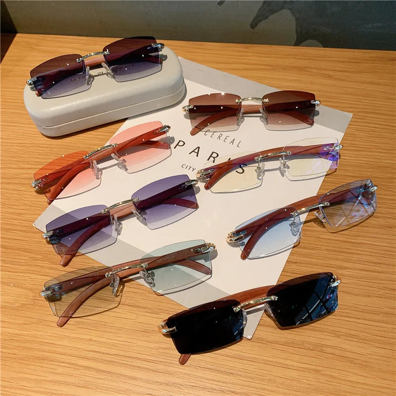 Fashion sunglasses men’s and women’s frameless imitation wood grain mirror leg
