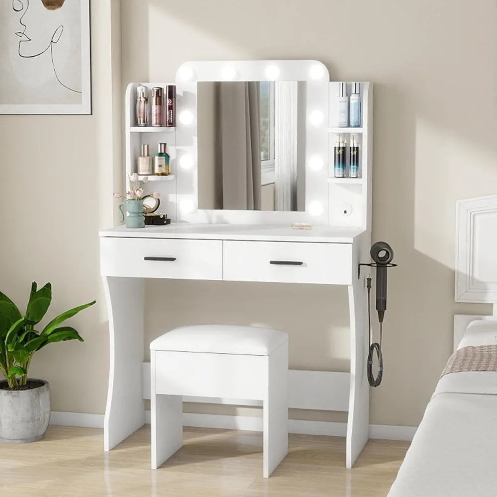 Vanity desk set with mirror led lights and power outlet makeup table 2 large drawers round holder dressing