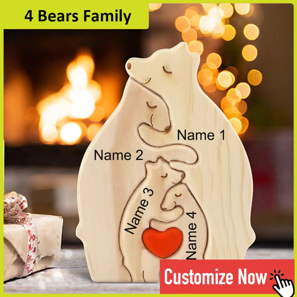 Personalized custom bear family wooden puzzle diy free engraving name sculpture home deskdecor figurines christmas