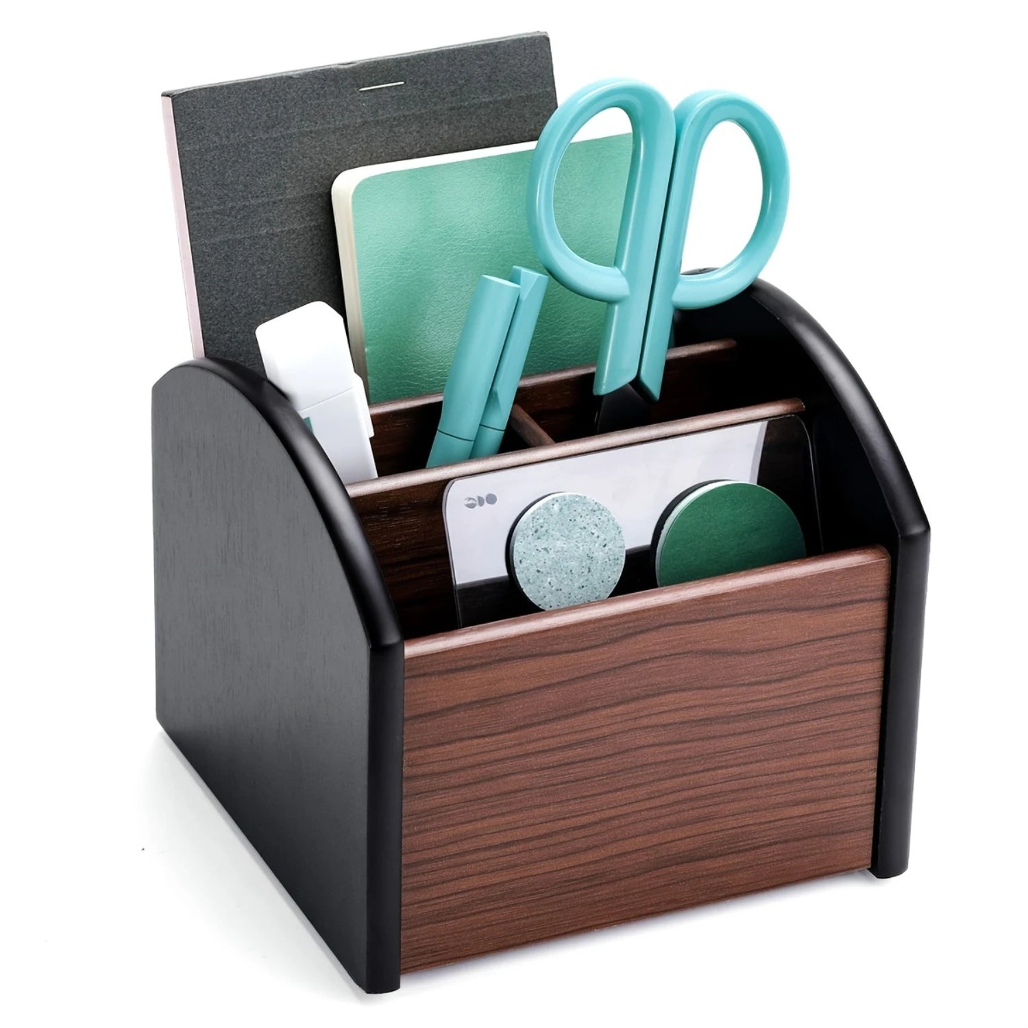 Wooden desk control holder caddy with 4 compartments organizer for table