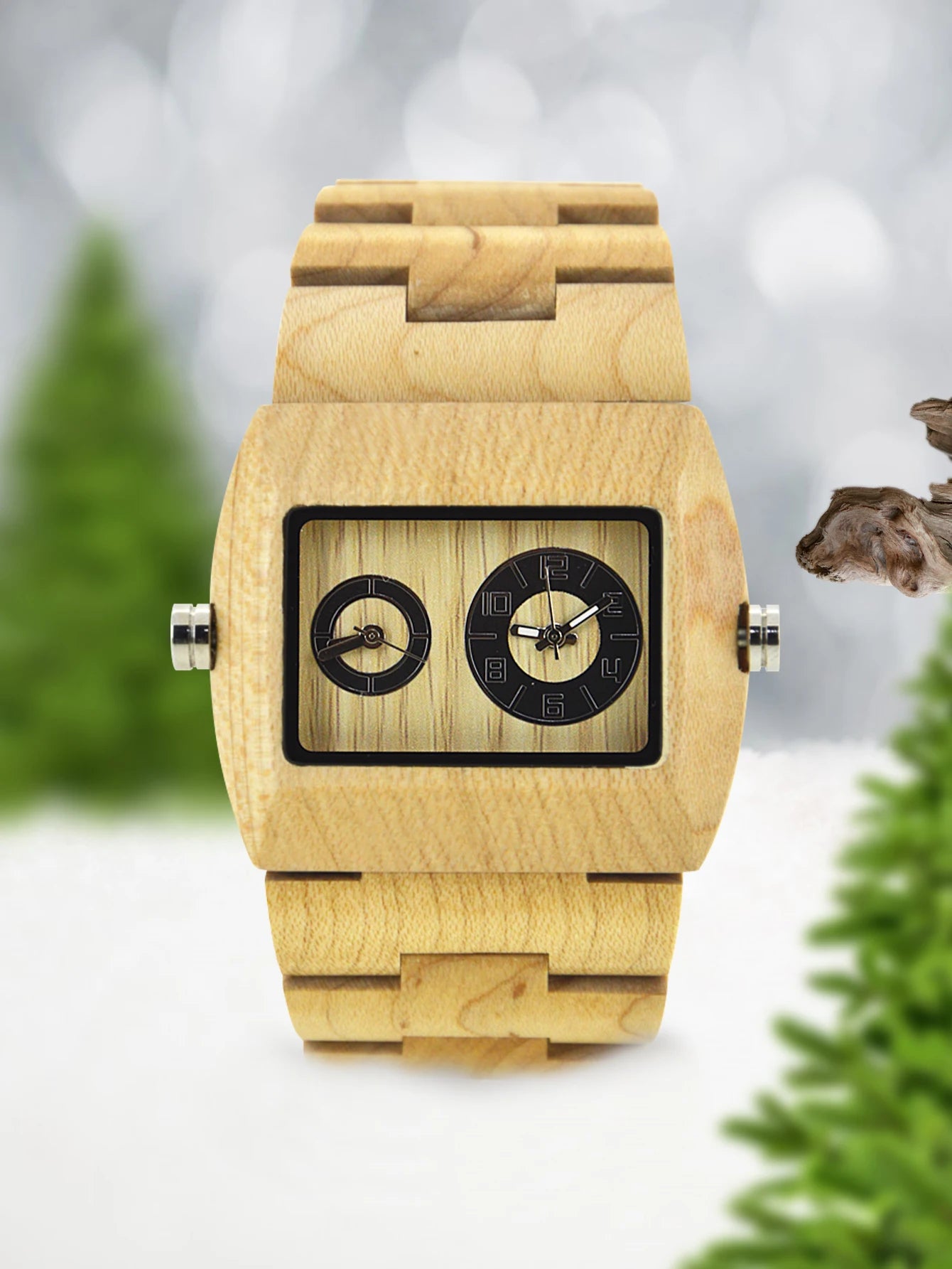 Square dial wooden watches for men dual time display wood - 021c