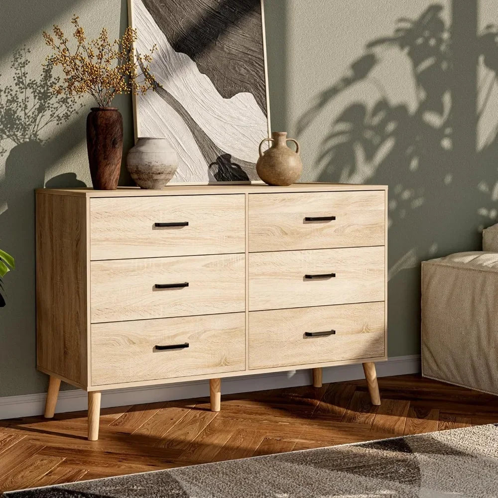 Mid-century modern 6-drawer wood bedroom dresser with metal handles - united states / light oak