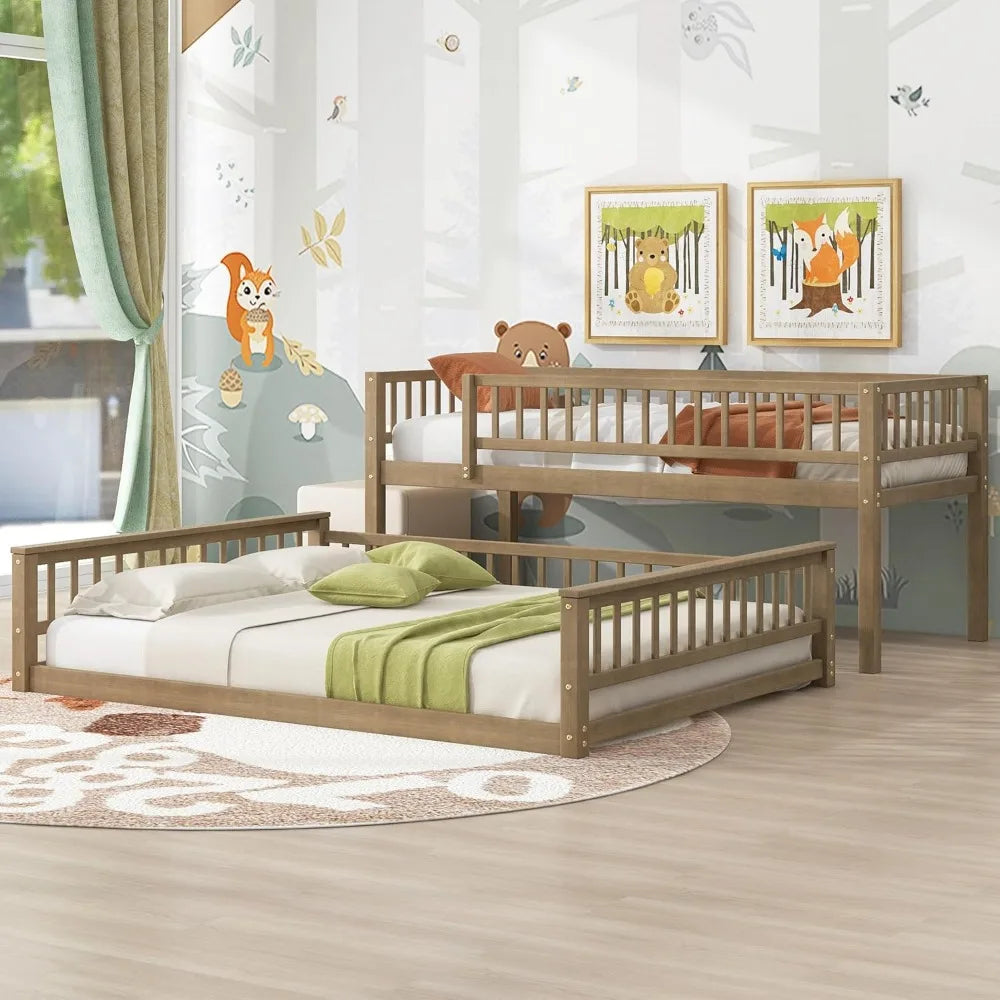 Twin xl over queen floor bunk bed kids brown wood frame with ladder & guardrails space saving teens youths beds